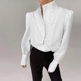 Nukty Elegant Turtleneck Blouse Long Sleeve White Shirt Office Ladies Top Casual Solid Single-Breasted Puff Sleeve Womens Blouses