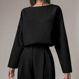 Casual Pants Suit Women Fashion Long-sleeved Round Neck T-shirt Top Autumn Elegant Solid Color Pleated Slim Trousers Office