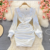 Nukty Autumn New Celebrity Sexy Square Neck Satin Dresses Long Sleeve Women White Hip Wrap Slim Pleated Mini Short Dress