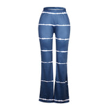NUKTY Summer Women Casual Flare Pants Milk Silk High Waist Sexy Wide Leg Elastic Stripe Trousers Fashion Soft Stretchy Loose Bottoms