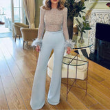 Nukty Elegant Bodycon Jumpsuit Women Slim Fit Straight Sequins Feather Stitching Long Sleeves Spring Romber Lady Party Sexy Playsuit