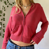 Women Zip Up Hood Cardigan Sweaters Solid Long Sleeve Drawstring Knit Hoodies Y2K Lightweight Sweatshirts