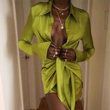 Autumn Satin Wrap Shirt Dress for Women Elegant Long Sleeve Button Up Club Party Dresses Fashion Outfits Clothes Sexy Dress