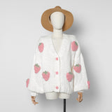 Jastie Winter Fashion Women's Cardigans Strawberry Pattern Single-Breasted V-Neck Puff Sleeve Loose Sweater кардиган