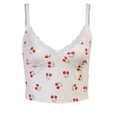 Women's Cherry Print Vest Sexy Sleeveless Backless V Neck  Lace Patchwork Crop Tops Slim Exposed Navel Camisole