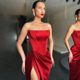 Nukty Elegant Strapless Long Party Dresses Women Sexy Slit Floor Length Satin Dress Vintage Formal Corset Maxi Dress Black Red