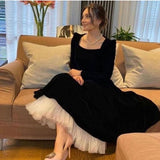 Nukty Modest Black Velvet Evening Dresses Long Sleeve Square Collar White Bottom Tea Length Formal Party Simple Prom Gown