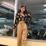 Summer Full Sleeve Crop Top Women Y2k Harajuku Graphic Crop Top Slim O Neck Black T Shirts Fashion Casual Button Up Cardigan Top