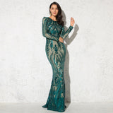 Gold Long Sleeve Stretch Sequin Maxi Dress Floor Length Full Lining O Neck Evening Night Gown Green
