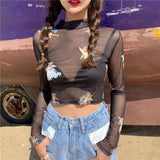 Nukty Angel Print Sheer Blue Black Mesh Long Sleeve Blouse Shirts Women Spring Summer Pullovers Elegant Sexy See Through Tops