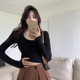 Nukty Soft Elastic Tees Women U-neck Cropped T-shirts Girls Full Sleeve Sheath Tshirt Basic Crop Tops Girls Base Undershirts