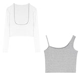 Y2K T-shirt Female Sexy Off Shoulder Gray Two-piece Inner Bottoming Shirt Spring New Long-sleeved Tights