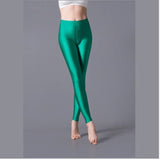 Nukty Women Solid Color Pants Leggings Shinny Elasticity Casual Trousers Fluorescent Spandex Candy Ankle-Length Knitted Bottom