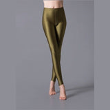 Nukty Women Solid Color Pants Leggings Shinny Elasticity Casual Trousers Fluorescent Spandex Candy Ankle-Length Knitted Bottom