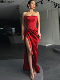Nukty Elegant Strapless Long Party Dresses Women Sexy Slit Floor Length Satin Dress Vintage Formal Corset Maxi Dress Black Red