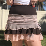 Nukty Y2K Aesthetic Pleated Skirts Women Low Waist Ruffles Mini Skirt Patchwork Pink Mesh Cute Kawaii Brown Bodycon Vintage Clothes