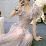 Nukty Vintage Chiffon Midi Dress Women Floral Print Design Korean Party Split Dress Female Summer Evening Beach Boho Dress Casual