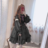 Nukty In Wondeland Cute Women's Lolita OP Dress Flouncing Lace Trim Japanese Harajuku Long Sleeves Doll Dress Fairy Vestidos