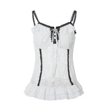 Nukty Retro Grunge Corset Cami Top Low Cut White Lace Transparent Ruffles Hem Sleeveless Vest E-girl Punk Harajuku Emo Alt Clothes