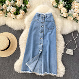 Nukty Long Denim Skirt for Women Nukty Korean Fashion Vintage Tassels High Waist Single Breasted A-line Jeans Skirt with Pockets