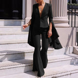 Women Flare Pants Suits V-Neck Solid Colors Casual Office Blazer Set Fashion Irregular Ruffles Sleeve Blazer Two Piece Set