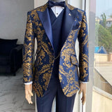 Nukty Floral Jacquard Tuxedo Suits for Men Wedding Slim Fit Navy Blue and Gold Gentleman Jacket with Vest Pant 3 Piece Male Costume