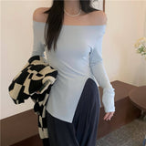 Nukty New Women's Slim Off-shoulder Full Sleeve T-shirts Girls Solid Stretchy Irregular Split Tshirt Tops Slash Neck Tees