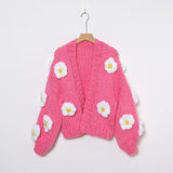 Jastie Winter Fashion Women's Cardigans Strawberry Pattern Single-Breasted V-Neck Puff Sleeve Loose Sweater кардиган