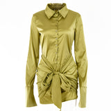 Autumn Satin Wrap Shirt Dress for Women Elegant Long Sleeve Button Up Club Party Dresses Fashion Outfits Clothes Sexy Dress