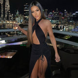 Nukty Halter Drawstring Sexy Bodycon Bandage Dress Women Summer Dress Split Hollow Out Backless Long Maxi Dresses