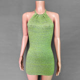 Nukty Summer Gradient Backless Knit Dress Women New Mini Beach Party Halter Dress Holiday Slim Ladies Stretch Sweater Dress