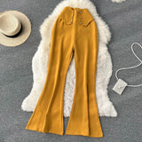 Nukty Women Sprint Pants Solid Colar High Waist Slim Flare Pants Elegant Office Lady Yellow Black Full Length Casual Trousers