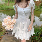 Nukty Japanese Kawaii Princess Dress Women Pink Fairy Ruffles Party Mini Dress Female Summer Korean Puff Sleeve Slim Sweet Dress