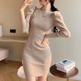 Nukty Women Knitting Full Puff Sleeve Base Sweaters Dresses Girls Slim Turtleneck Mini Sheath Knitwear Dress Real Photos