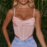 Padded Top Summer Corset Top Crystal Women Tops Double Layer Pink Sexy Mesh Top Outfits Girl Party Clubwear Wholesale