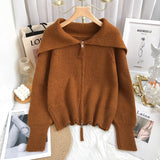 Solid Sweater Cardigan Women Sailor Collar Knitted Sweater Coats Casual Loose Zip Up Korean Fashion Knitwear Chic Tops