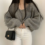 Y2K South Korean Chic Spring Hundred Candy-colored Cover Head Loose Thick Line Casual Lantern Sleeve Knitted Soft Sweater Woman