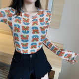 Nukty Angel Print Sheer Blue Black Mesh Long Sleeve Blouse Shirts Women Spring Summer Pullovers Elegant Sexy See Through Tops