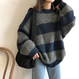 Thin Oversized Sweater Women Vintage Loose Pullover Casual Striped Sweaters Knitted Jumper Fashion Streetwear Sueter Mujer