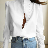 Nukty Elegant Turtleneck Blouse Long Sleeve White Shirt Office Ladies Top Casual Solid Single-Breasted Puff Sleeve Womens Blouses