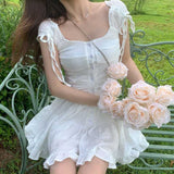 Nukty Japanese Kawaii Princess Dress Women Pink Fairy Ruffles Party Mini Dress Female Summer Korean Puff Sleeve Slim Sweet Dress