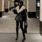 High Street Motorcycle Fur Women's Winter Jacket Vintage V Neck Belt Long Lamb Wool Coat Warm Women PU Letter Jackets