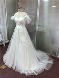 Nukty Sexy Sweetheart A Line Wedding Dresses Off Shoulder Champagne Liner Tulle Appliques Sleeveless Bridal Gowns Womens Formal