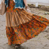 Nukty Summer Long Patchwork Print A-Line Skirt Floral Skirt Women Casual Beach Faldas Female Boho Elastic Waist Holiday Maxi Skirts
