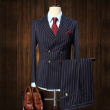 Nukty Mens Suits 2 Pieces Vintage Double Breasted Suit Navy Blue Stripe Terno Slim Fit Large Lapels Wedding Groom Tuxedo Tailcoat Men