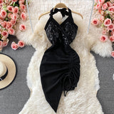 Nukty Summer Women Dress Sexy Lace-up Halter Sleeveless Sequins Party Dress High Waist Drawstring Ruched Irregular Backless Club Dress