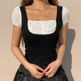 Square Collar Y2K Patchwork Crop Tees Casual Vintage Kawaii Buttons Tops Short Sleeves Fashion Korean Slim Shirts