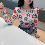 Nukty Angel Print Sheer Blue Black Mesh Long Sleeve Blouse Shirts Women Spring Summer Pullovers Elegant Sexy See Through Tops