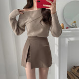 Nukty Mini Skirts Women Irregular Solid Side-slit Stretchy Korean Style Trendy Chic OL High Waist Female Bottom Popular Spring Autumn