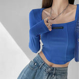 Nukty American Style Brown Cropped Top Women Fashion Skinny Sexy Long Sleeve T Shirts Female Casual Square Neck Tees